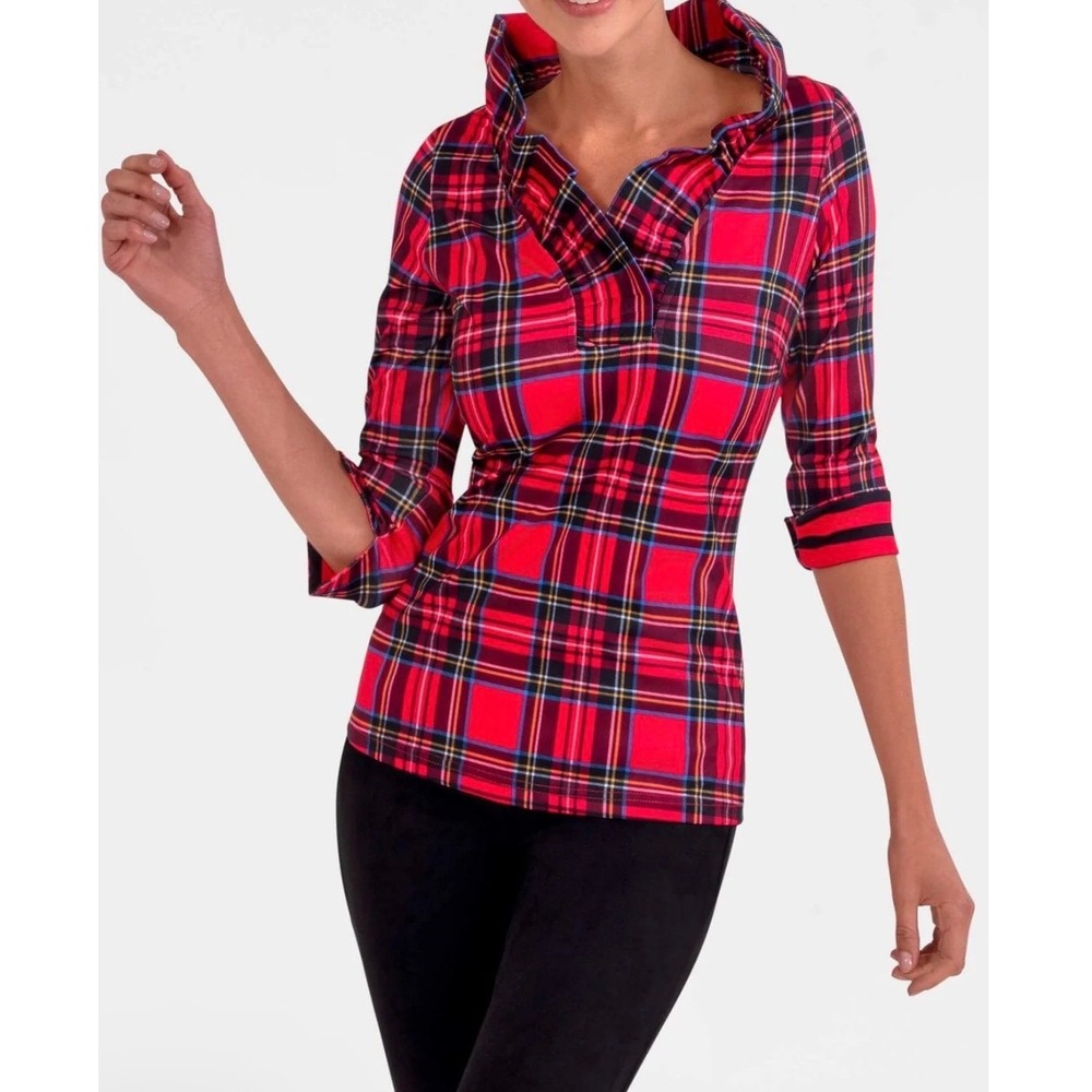 Gretchen Scott Ruffneck Top S Red Duke of York Plaid Ruffle 3/4 Sleeve Holiday